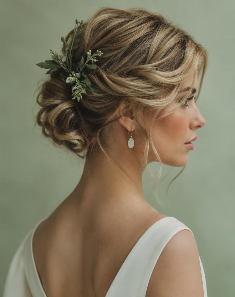 Bridal updo with greenery