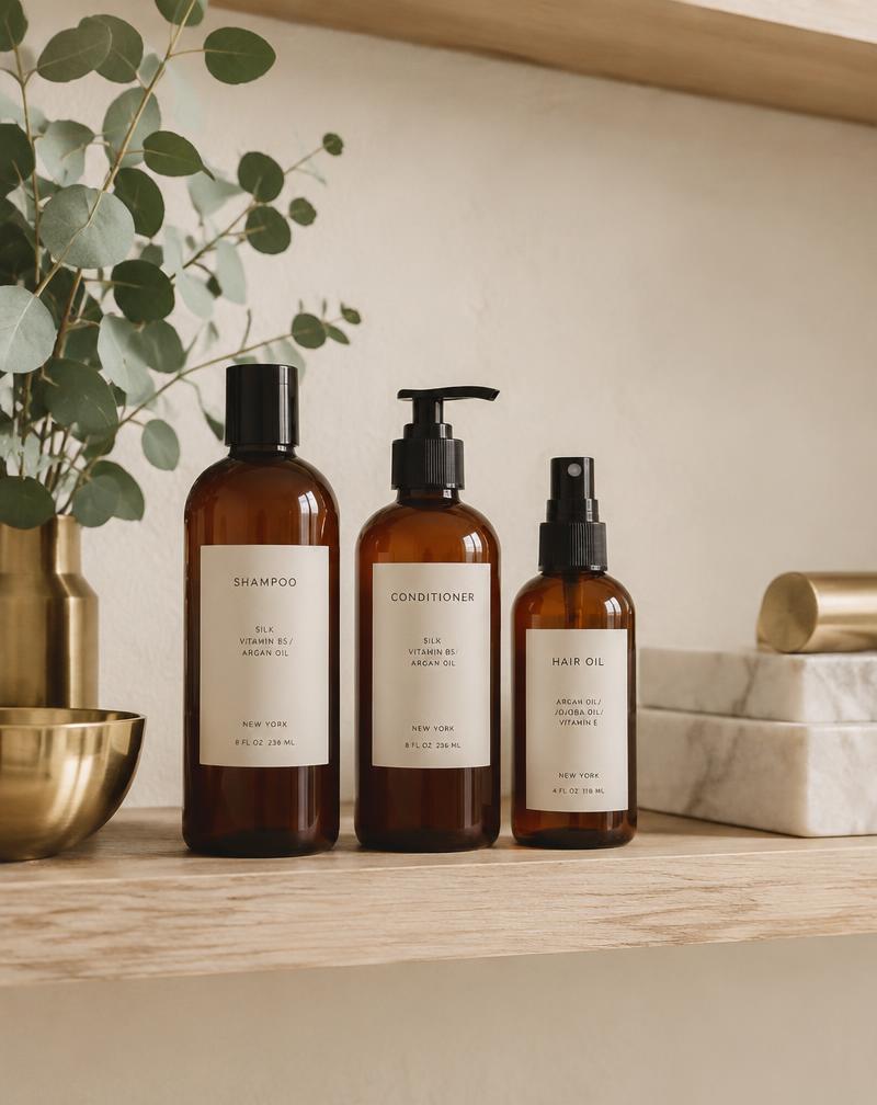 Hair care products on an oak shelf with eucalyptus