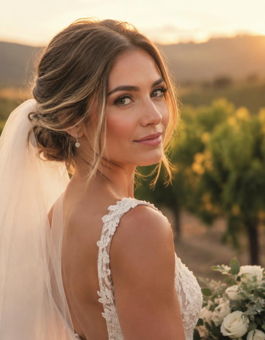 Bride with a soft romantic updo and natural makeup in a Sonoma vineyard at golden hour