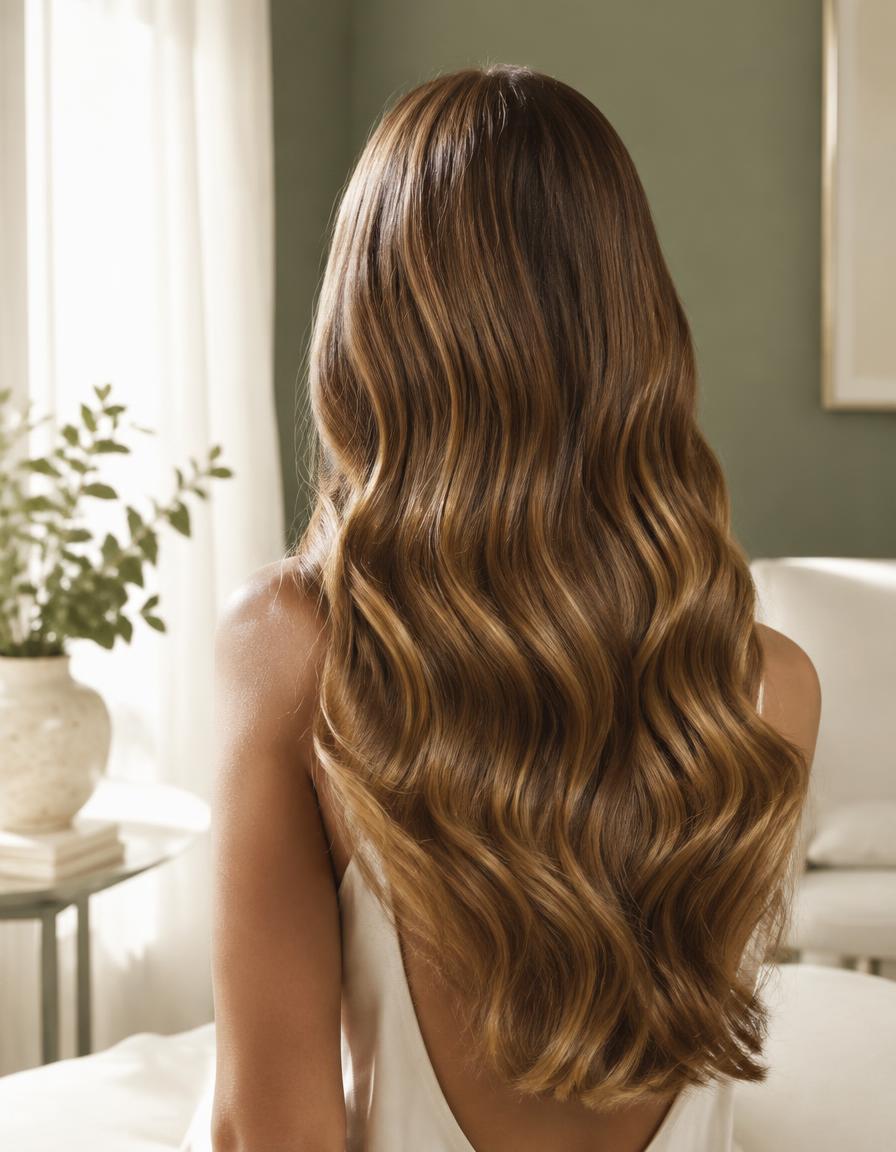 Long, glossy honey-brown waves with seamless extensions, seen from behind